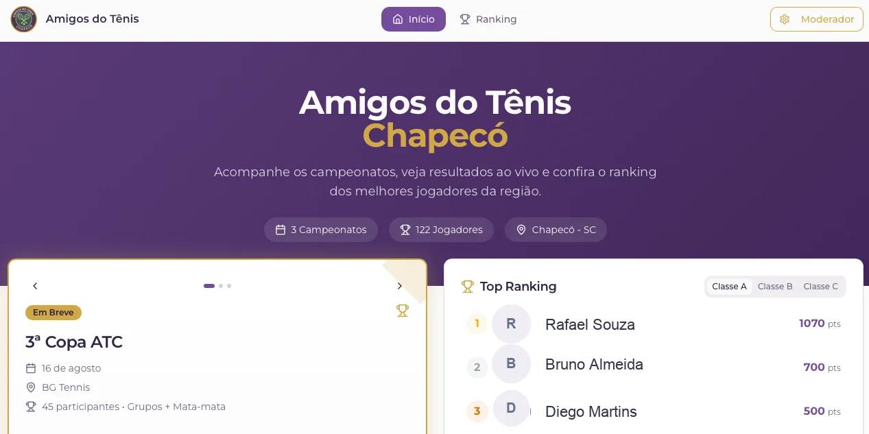 Tela real do Amigos do Tênis: campeonatos, ranking ao vivo e inscrições dos jogadores