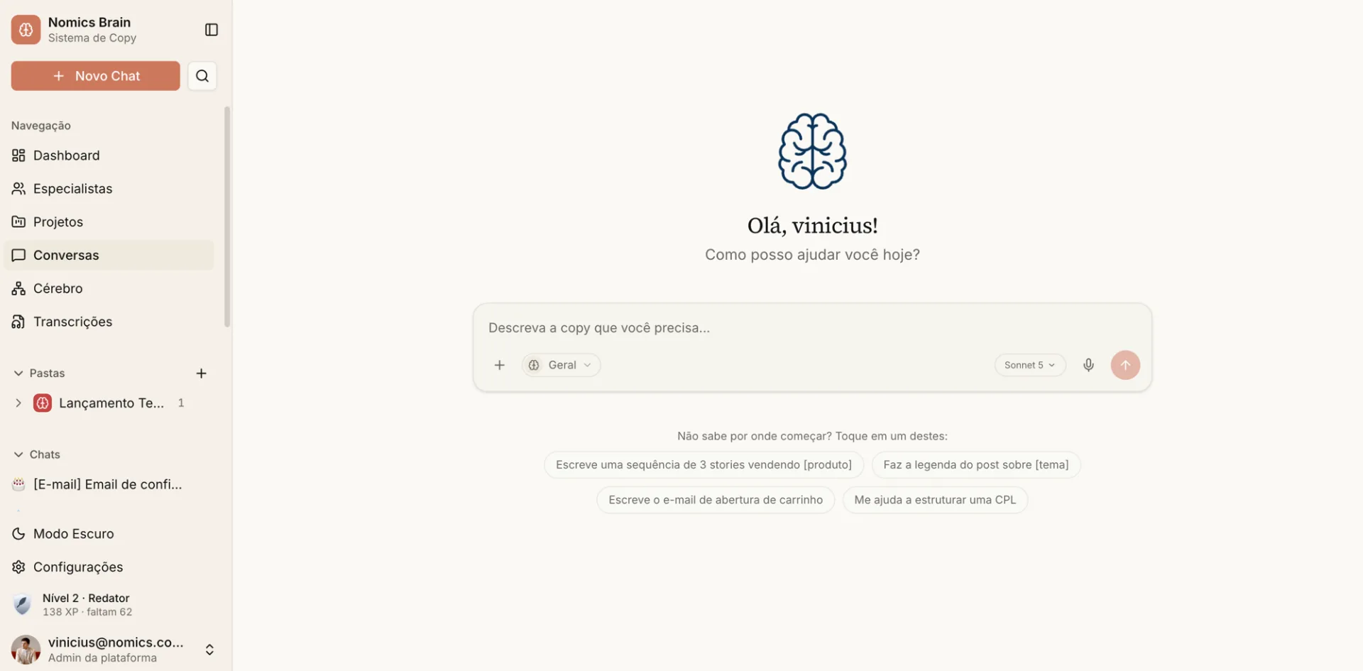 Tela real do Nomics Brain: sistema de copy com agentes, pastas por lançamento e sugestões de peça