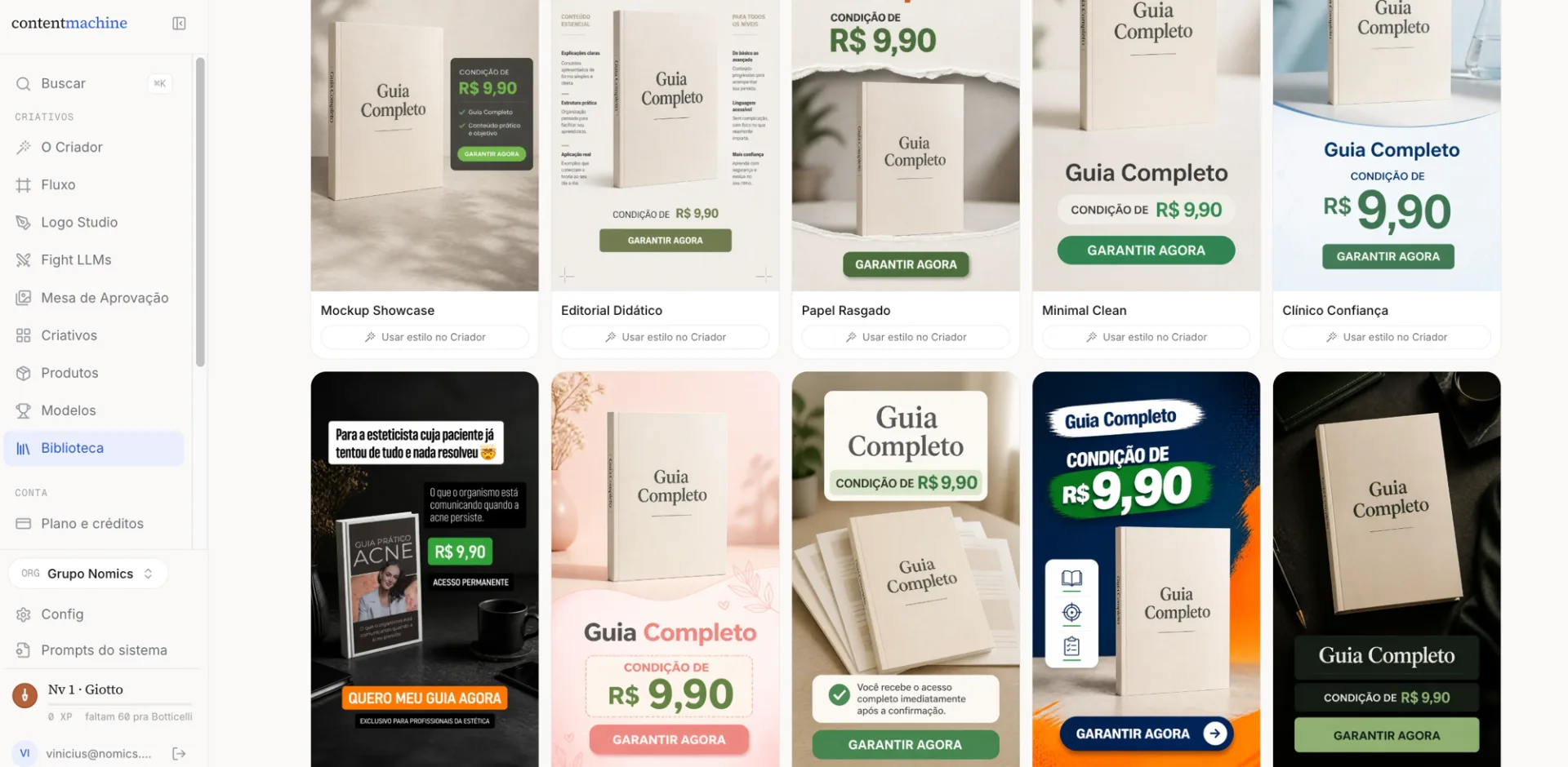 Tela real da Content Machine: biblioteca de estilos com variações de criativo geradas para campanha