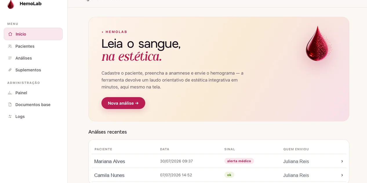 Tela real do HemoLab: leitura de hemograma aplicada à estética, com pacientes e análises recentes