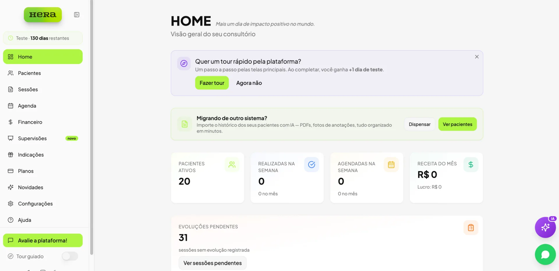 Tela real da Hera Psi: visão geral do consultório, pacientes ativos e sessões da semana